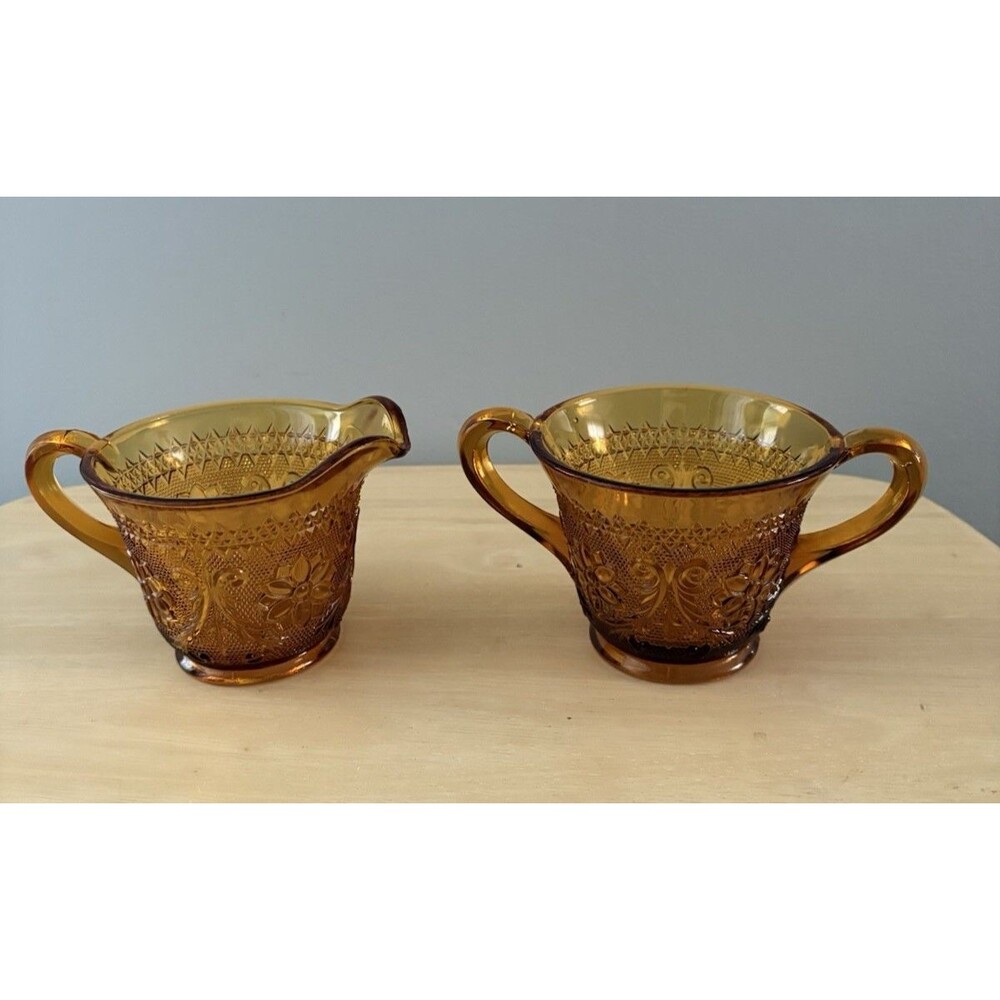 Vintage Indiana Glass Tiara Amber Sandwich Creamer & Open Sugar Bowl